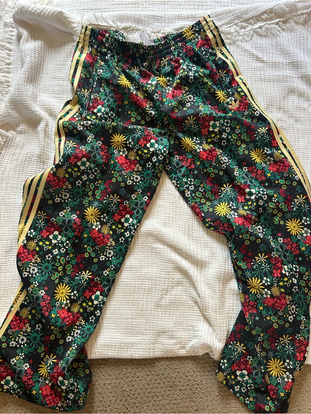 adidas Floral Track Pants with Yellow Side Stripes